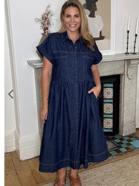 Maye Harper Denim Midi Dress Indigo Dark Wash Size 3XL Front Pocket